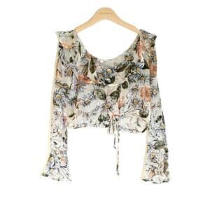 For Love & Lemons Floral Cropped Tie-Front Top in Cream, Green, Pink